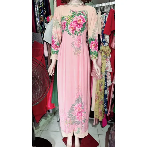 Áo dài nữ may sẵn thiết kế truyền thống đẹp cách tân nền màu hồng mềm mại, co giãn nhẹ Size SML, eo dứoi 75cm mặc đẹp