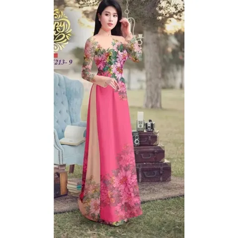 Áo dài nữ may sẵn thiết kế truyền thống đẹp cách tân nền màu hồng mềm mại, co giãn nhẹ Size SML, eo dứoi 75cm mặc đẹp