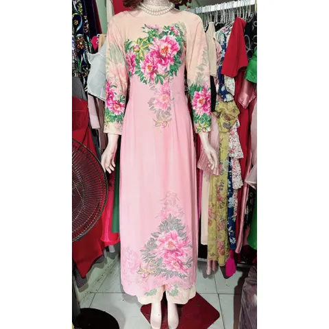 Áo dài nữ may sẵn thiết kế truyền thống đẹp cách tân nền màu hồng mềm mại, co giãn nhẹ Size SML, eo dứoi 75cm mặc đẹp