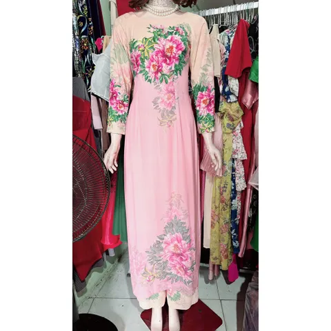 Áo dài nữ may sẵn thiết kế truyền thống đẹp cách tân nền màu hồng mềm mại, co giãn nhẹ Size SML, eo dứoi 75cm mặc đẹp