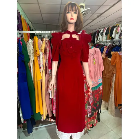 Set áo dài nhung màu đỏ đô + kèm quần Hàng có sẵn giao ngay XL Đủ size SMLXL eo dưới Chất liệu nhung cao cấp