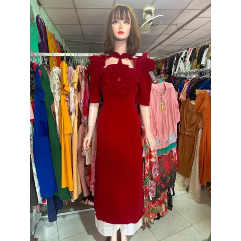 Set áo dài nhung màu đỏ đô + kèm quần Hàng có sẵn giao ngay XL Đủ size SMLXL eo dưới Chất liệu nhung cao cấp