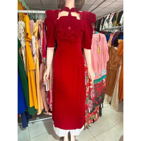 Set áo dài nhung màu đỏ đô + kèm quần Hàng có sẵn giao ngay XL Đủ size SMLXL eo dưới Chất liệu nhung cao cấp