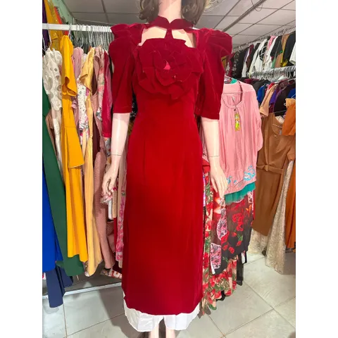 Set áo dài nhung màu đỏ đô + kèm quần Hàng có sẵn giao ngay XL Đủ size SMLXL eo dưới Chất liệu nhung cao cấp
