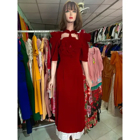 Set áo dài nhung màu đỏ đô + kèm quần Hàng có sẵn giao ngay XL Đủ size SMLXL eo dưới Chất liệu nhung cao cấp