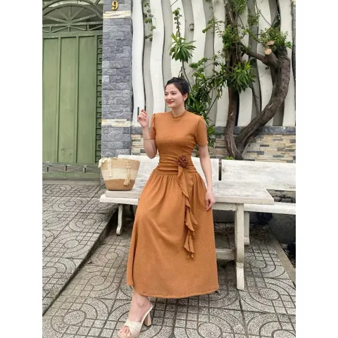 Đầm Ren Cuộn Hoa Tiểu Thư Thoáng Mát, Ren Co Giãn dễ chịu, có hàng bigsize Màu nâu tây Hàng có sẵn giao ngay 2XL