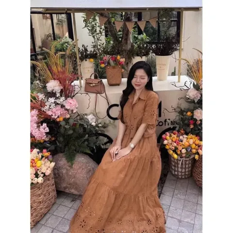 Set váy nữ thiết kế, set ren lỗ hoa nổi qc áo sơ mi tay ngắn phối chân váy xòe dài , màu trẻ trung cho nàng đi biển