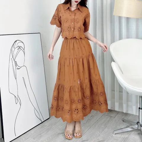 Set váy nữ thiết kế, set ren lỗ hoa nổi qc áo sơ mi tay ngắn phối chân váy xòe dài , màu trẻ trung cho nàng đi biển