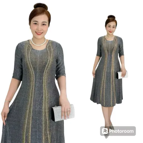 Đầm Trung Niên Đi Tiệc sang trọng, đẳng cấp- chất liệu Kim Sa Ánh Nhũ 2 lớp dày dặn Hàng có sẵn giao ngay Màu xám bạc