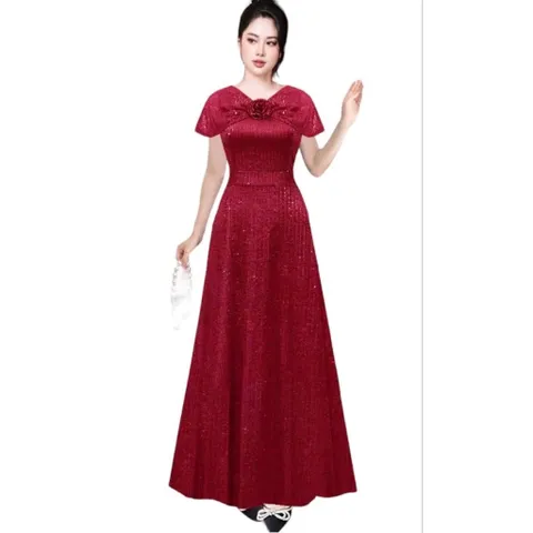 ĐẦM KIM SA DẠ HỘI DÁNG DÀI TAY CHOÀNG VAI DỰ TIỆC SIÊU XINH, che bắp tay Hang có sẵn giao ngay Màu đỏ đô Giá 420k