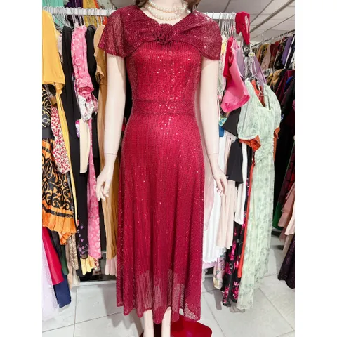 ĐẦM KIM SA DẠ HỘI DÁNG DÀI TAY CHOÀNG VAI DỰ TIỆC SIÊU XINH, che bắp tay Hang có sẵn giao ngay Màu đỏ đô Giá 420k