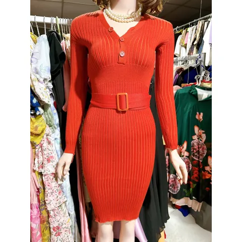 Đầm liền dệt kim kiểu mới cổ chữ V thiết kế thắt lưng Thắt lưng tôn dáng tôn dáng váy dài tay thon gọn