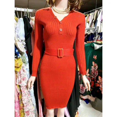 Đầm liền dệt kim kiểu mới cổ chữ V thiết kế thắt lưng Thắt lưng tôn dáng tôn dáng váy dài tay thon gọn