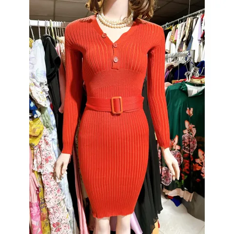 Đầm liền dệt kim kiểu mới cổ chữ V thiết kế thắt lưng Thắt lưng tôn dáng tôn dáng váy dài tay thon gọn