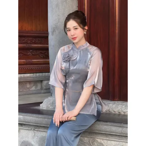 Sét bộ đồ Lam Pháp phục đi chùa kiểu cành hoa đính hoa ngàn cánh thắt thủ công tỉ mỉ kèm quần lụa cách điệu  Giá 250k