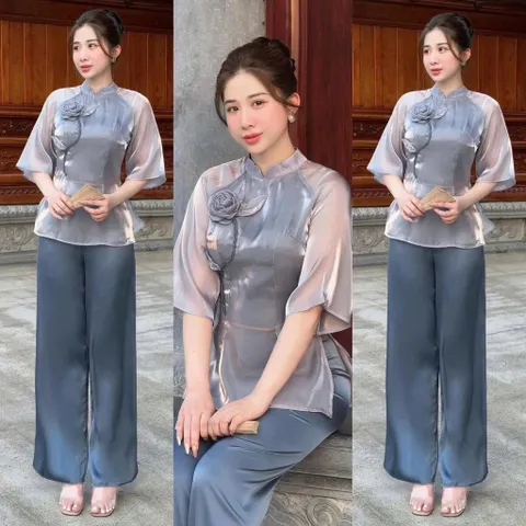Sét bộ đồ Lam Pháp phục đi chùa kiểu cành hoa đính hoa ngàn cánh thắt thủ công tỉ mỉ kèm quần lụa cách điệu  Giá 250k
