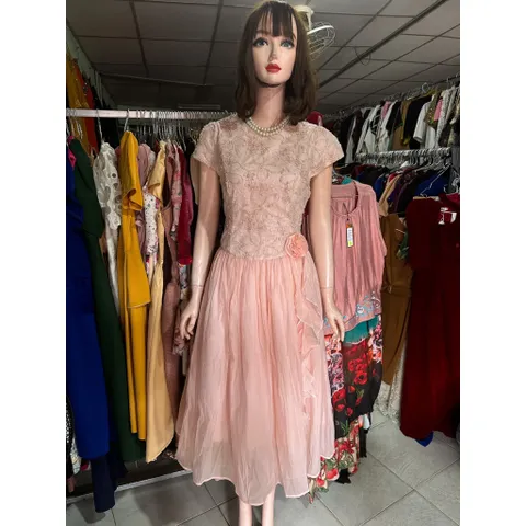Đầm thiết kế maxi ren lưới nhũ hoa sóng màu hồng nhạt nhẹ nhàng tiểu thư đài cát Hàng có sẵn giao ngay LXL Đủ size SMLXL