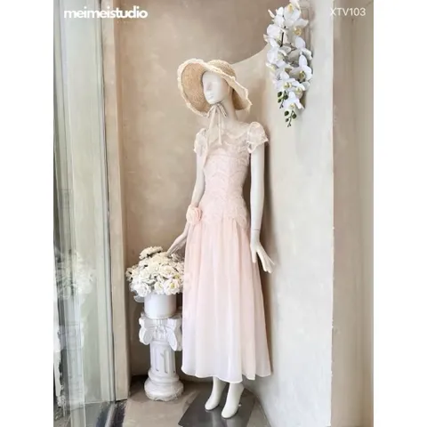 Đầm thiết kế maxi ren lưới nhũ hoa sóng màu hồng nhạt nhẹ nhàng tiểu thư đài cát Hàng có sẵn giao ngay LXL Đủ size SMLXL
