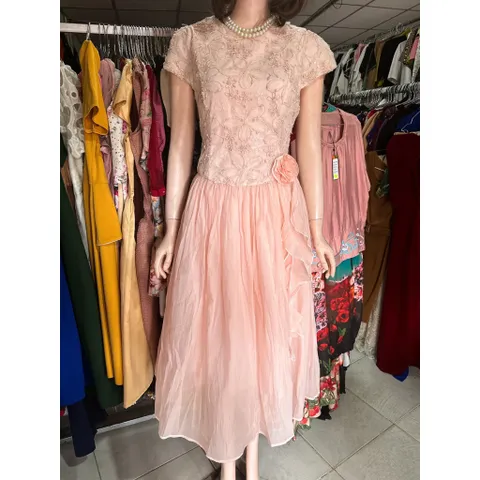Đầm thiết kế maxi ren lưới nhũ hoa sóng màu hồng nhạt nhẹ nhàng tiểu thư đài cát Hàng có sẵn giao ngay LXL Đủ size SMLXL