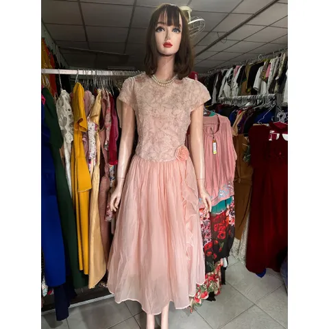 Đầm thiết kế maxi ren lưới nhũ hoa sóng màu hồng nhạt nhẹ nhàng tiểu thư đài cát Hàng có sẵn giao ngay LXL Đủ size SMLXL