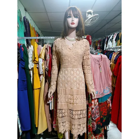 Đầm ren màu cam sữa dáng dài Hàng có sẵn giao ngay Size SM, eo dưới 72 cm mặc đẹp Giá 290k Đúp lót 2 lớp, chất liệu ren