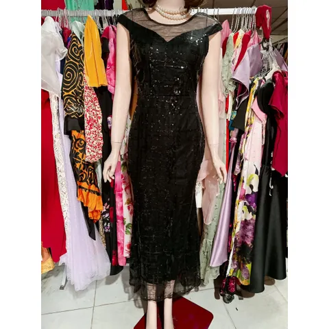 Đầm Thiết Kế Kim Sa Dáng Dài, có sẵn mút ngực Hàng có sẵn giao ngay XL, eo dưới 84cm mặc đẹp Đúp lót 2 lớp Màu đen
