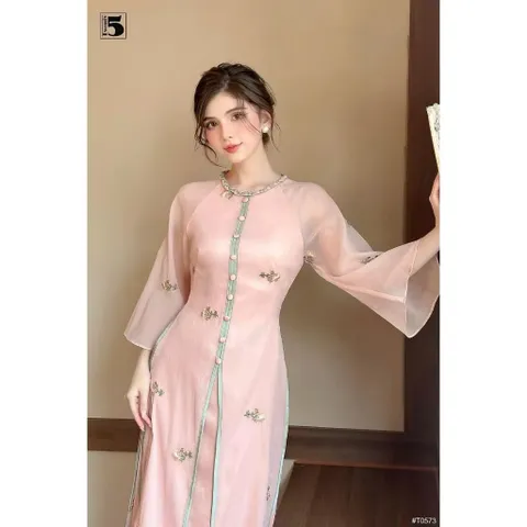 Sét áo dài cách tân vải tơ cao cấp in hoạ tiết bông hoa nhí phối quần sattin ống rộng chất đẹp Giá 490k/ cả set