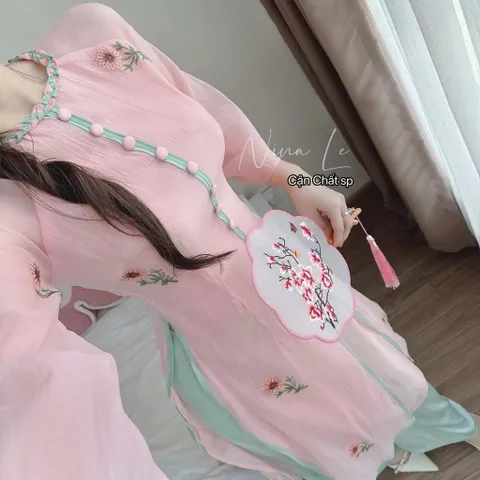 Sét áo dài cách tân vải tơ cao cấp in hoạ tiết bông hoa nhí phối quần sattin ống rộng chất đẹp Giá 490k/ cả set