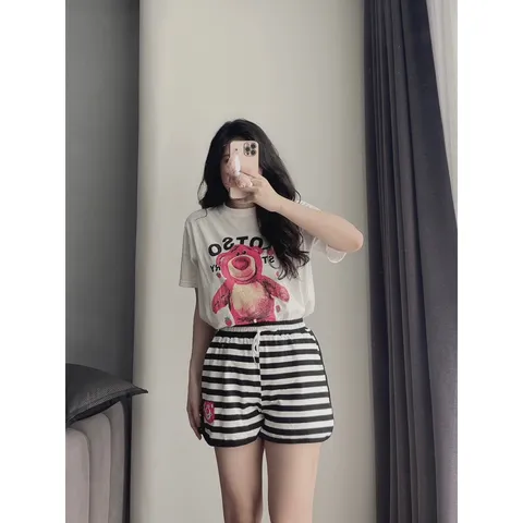 BỘ ĐÙI HÌNH GẤU QUẦN KẺ hn Sét đồ nữ mùa hè hình gấu losto cộc tay quần short cực dễ thương cho nàng mặc nhà