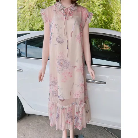 Đầm tơ hoa hồng nhẹ nhàng tiểu thư Gồm đầm lót bên trong + đầm hoa tơ + dây buộc eo hay mặc suông đều đẹp Giá 320k
