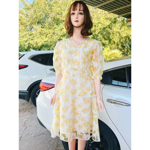 Đầm hoa tầng màu vàng Giá 320k Hàng có sẵn giao ngay XL Chất liệu hàng cao cấp