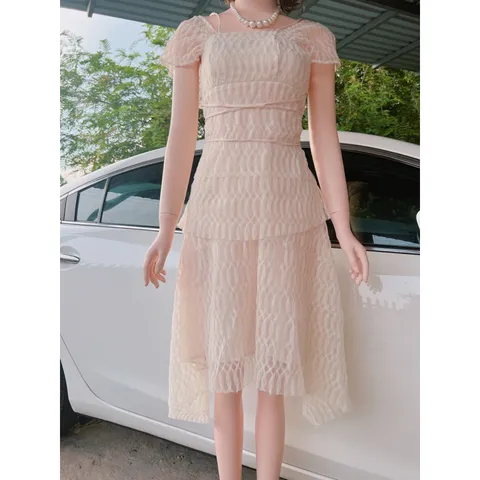 Đầm dự tiệc thiết kế cao cấp ren be tay cánh tiên, váy đi ăn cưới cho giới trẻ chất liệu ren voan nhún Giá 390k