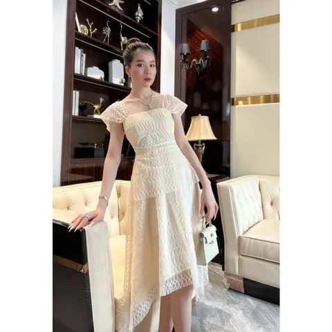 Đầm dự tiệc thiết kế cao cấp ren be tay cánh tiên, váy đi ăn cưới cho giới trẻ chất liệu ren voan nhún Giá 390k