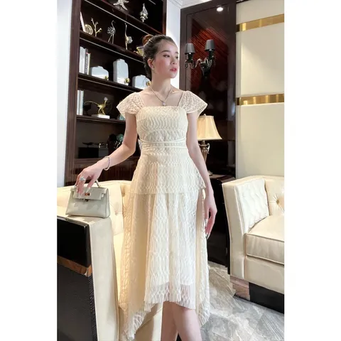Đầm dự tiệc thiết kế cao cấp ren be tay cánh tiên, váy đi ăn cưới cho giới trẻ chất liệu ren voan nhún Giá 390k