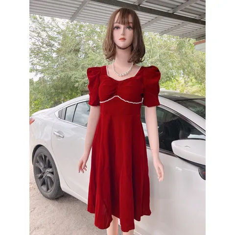 Đầm đỏ nhung đinh ngọc cao cấp Hàng có sẵn giao ngay Giá 299k Chất liệu nhung