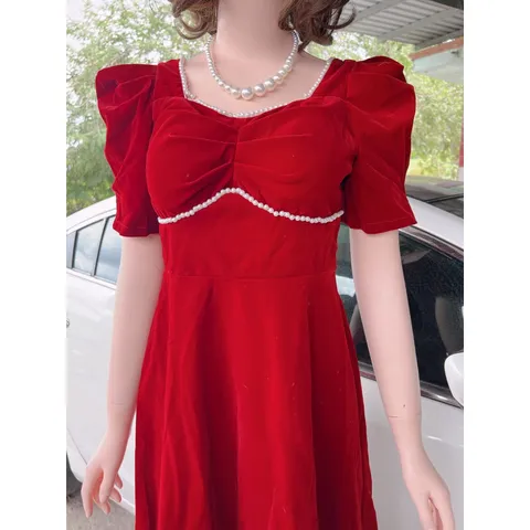 Đầm đỏ nhung đinh ngọc cao cấp Hàng có sẵn giao ngay Giá 299k Chất liệu nhung
