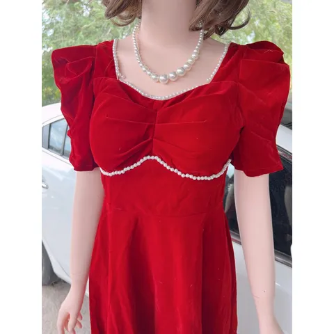 Đầm đỏ nhung đinh ngọc cao cấp Hàng có sẵn giao ngay Giá 299k Chất liệu nhung