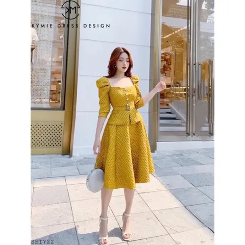 ☘️ SET GẤM XỐP CỔ VUÔNG ĐAI EO 🌷( gồm áo và váy 🌷 Hàng xuất sắc thiết kế siêu đỉnh , cổ vuông sang trọng mix đai đá