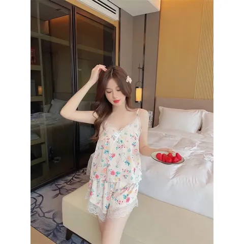 Bộ ngủ 2 dây lụa phối ren cách điệu chất mềm mịn thoáng mát mặc nhà hàng xuất Cao Cấp Giá 190k Hàng có sẵn