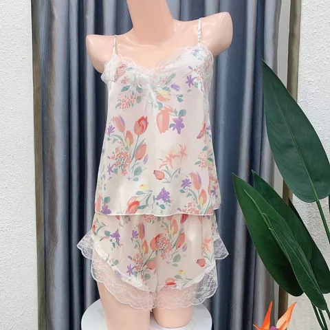 Bộ ngủ 2 dây lụa phối ren cách điệu chất mềm mịn thoáng mát mặc nhà hàng xuất Cao Cấp Giá 190k Hàng có sẵn