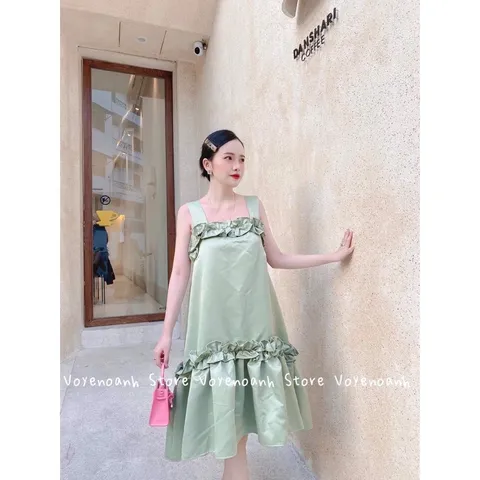 Đầm bèo 2 dây  đầm maxi nữ suông 2 dây bản to phối bèo Giá 290k Hàng có sẵn giao ngay Màu xanh mint