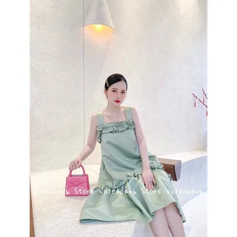 Đầm bèo 2 dây  đầm maxi nữ suông 2 dây bản to phối bèo Giá 290k Hàng có sẵn giao ngay Màu xanh mint