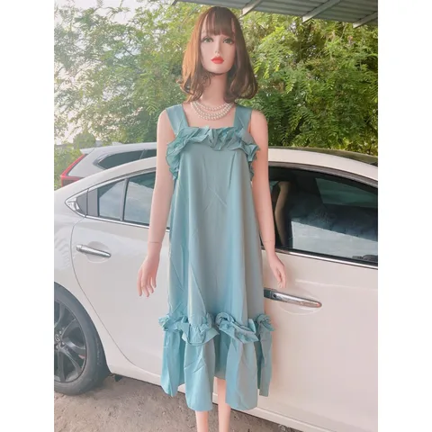Đầm bèo 2 dây  đầm maxi nữ suông 2 dây bản to phối bèo Giá 290k Hàng có sẵn giao ngay Màu xanh mint