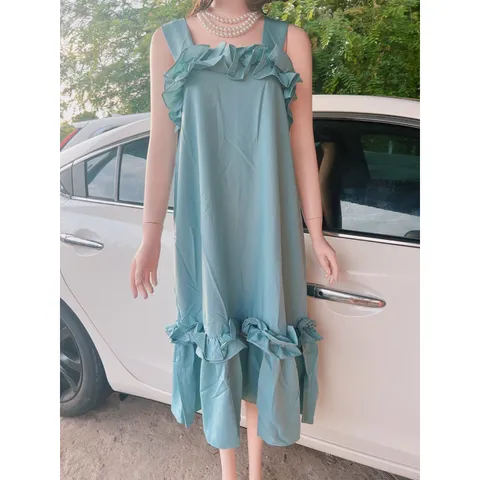 Đầm bèo 2 dây  đầm maxi nữ suông 2 dây bản to phối bèo Giá 290k Hàng có sẵn giao ngay Màu xanh mint