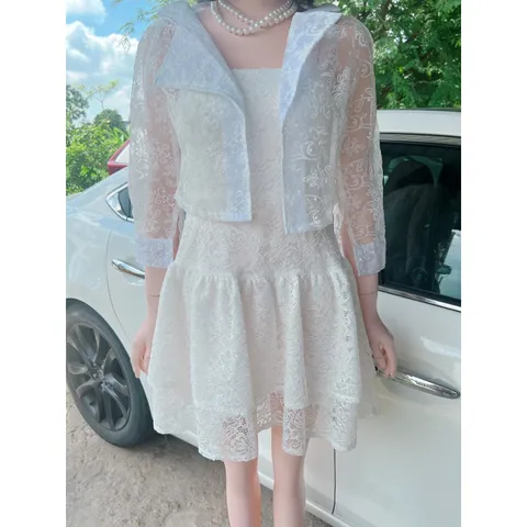 SET ĐẦM 2S TRẮNG REN HOA XOÈ PHỒNG + KHOÁC CROP REN  trắng Đang hot style đầm trong kèm khoác ngoài  sang chảnh