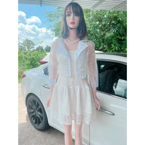 SET ĐẦM 2S TRẮNG REN HOA XOÈ PHỒNG + KHOÁC CROP REN  trắng Đang hot style đầm trong kèm khoác ngoài  sang chảnh