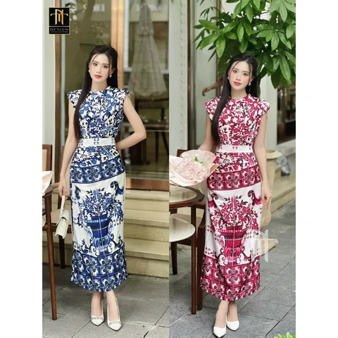 hàng thiết kế cao cấp  Set áo vai chờm có độn mix chân váy dài. Chất lụa mềm mướt hoạ tiết hãg sang xịn