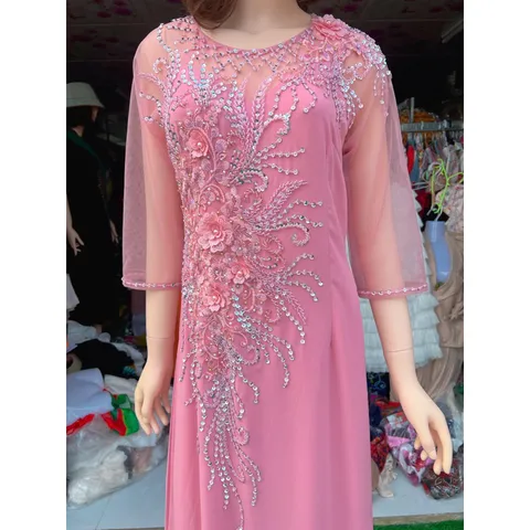 Dạ hội áo dài bên trong là đầm, đính kết thủ công siêu đẹp màu hồng phấn Giá 500k Hàng có sẴn giao ngay