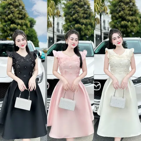 VÁY TAFTA DÁNG DÀI ĐÍNH KẾT HOA TAY CÁNH TIÊN màu hồng Hàng có sẵn giao ngay L Giá 380k