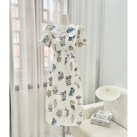 Đầm  Hoa Cổ Sen Tay Bồng Thắt Eo Dáng Dài Kèm Ảnh Thật Giá 290k Hàng có sẵn giao ngay